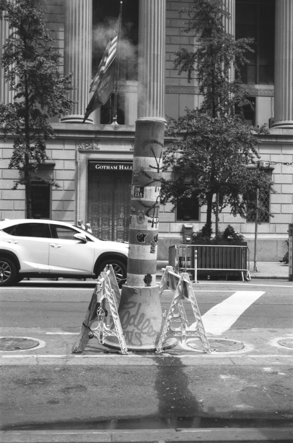 A street pole tangled with signs beside a parked car